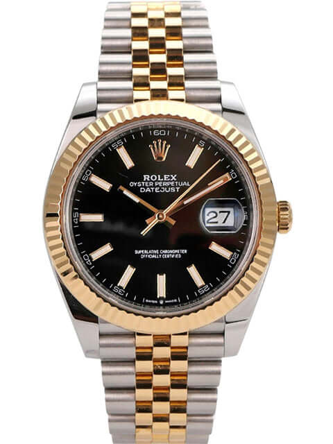 Rolex Datejust 41 Edelstahl Gelbgold 126333 Schwarz Jubile-Band mit schwarzem Zifferblatt und Jubile-Armband.