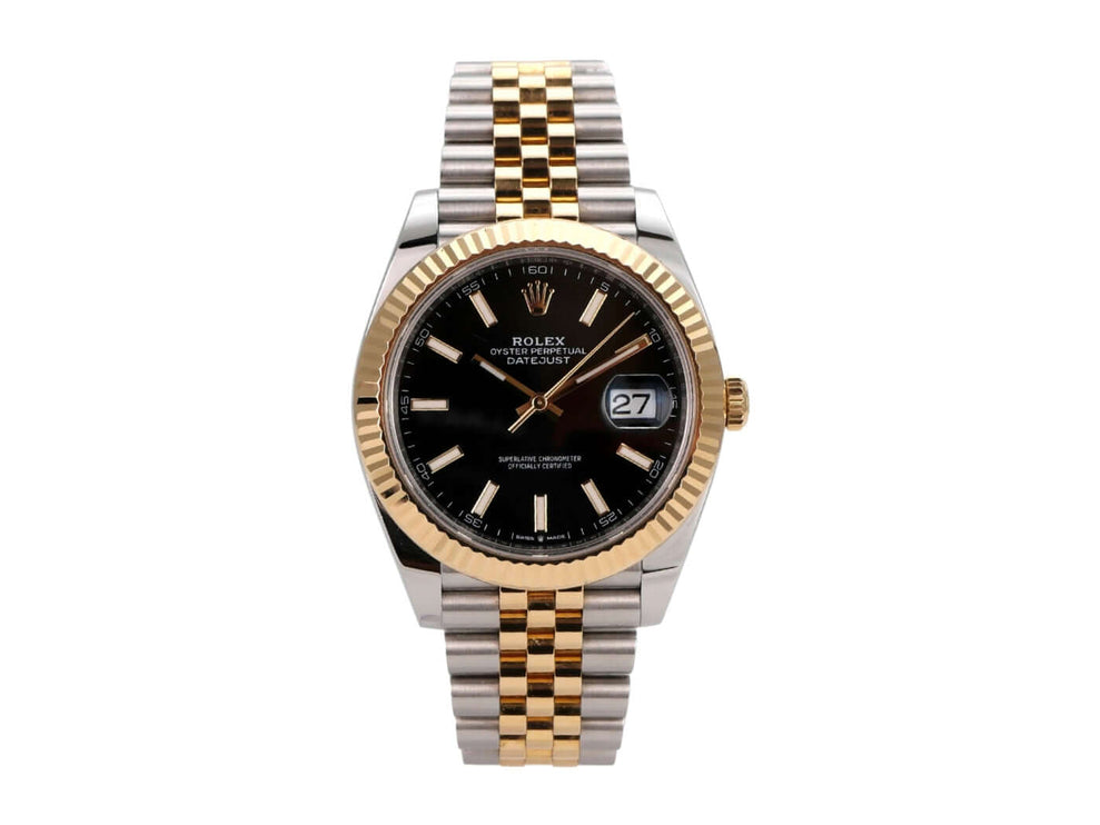 Rolex Datejust 41 Edelstahl Gelbgold 126333 Schwarz Jubile-Band mit schwarzem Zifferblatt und poliertem Armband.