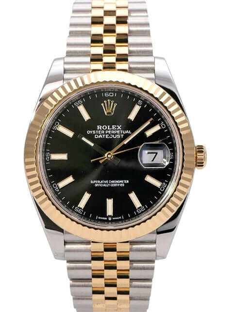 Rolex Datejust 41 Edelstahl Gelbgold 126333 Schwarz Jubile-Band mit schwarzem Zifferblatt und Jubilé-Armband.