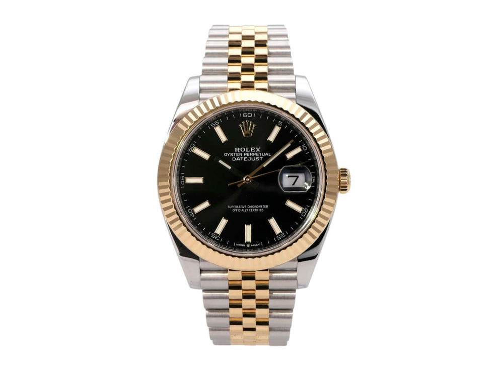Rolex Datejust 41 Edelstahl Gelbgold 126333 Schwarz Jubile-Band mit schwarzem Zifferblatt und Jubilee-Armband.