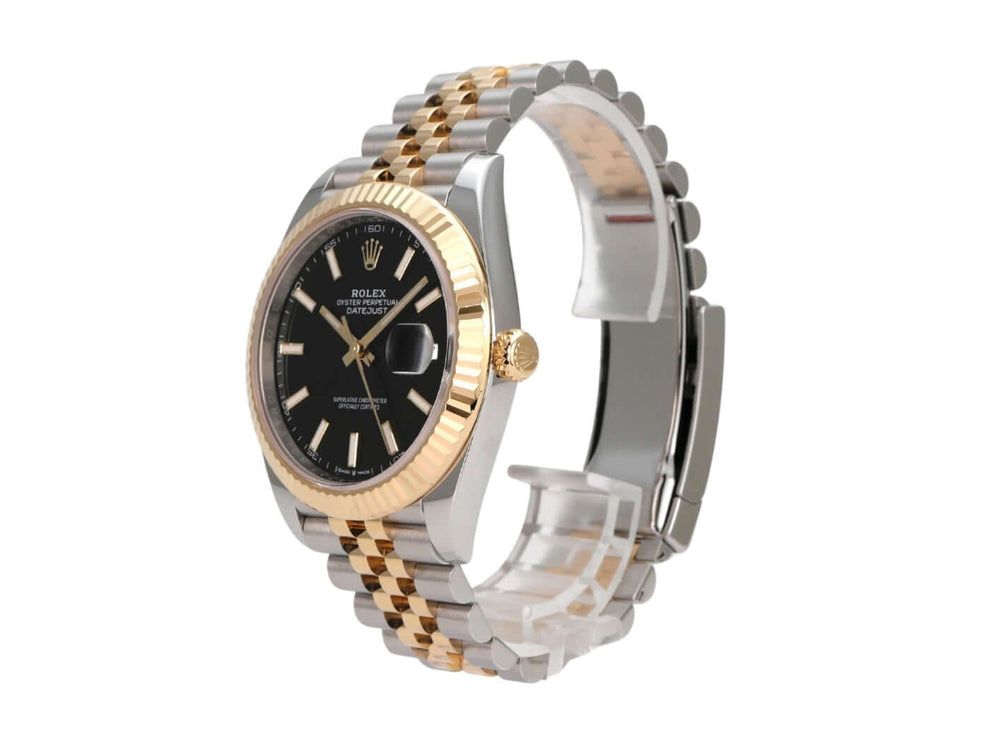 Rolex Datejust 41 Edelstahl Gelbgold 126333 Schwarz Jubile-Band mit schwarzem Zifferblatt und Jubile-Armband.