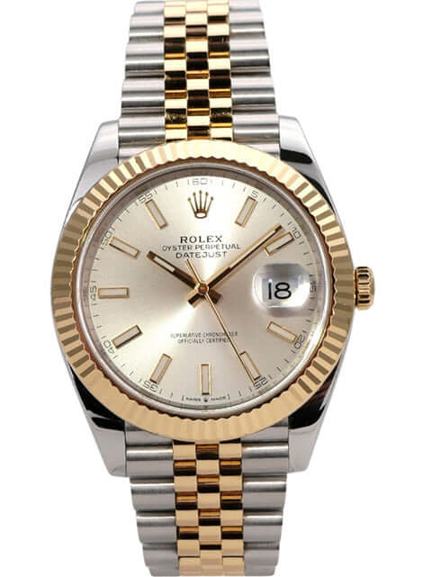 Rolex Datejust 41 Edelstahl Gelbgold 126333 Silber Jubile-Band auf silbernem Hintergrund.