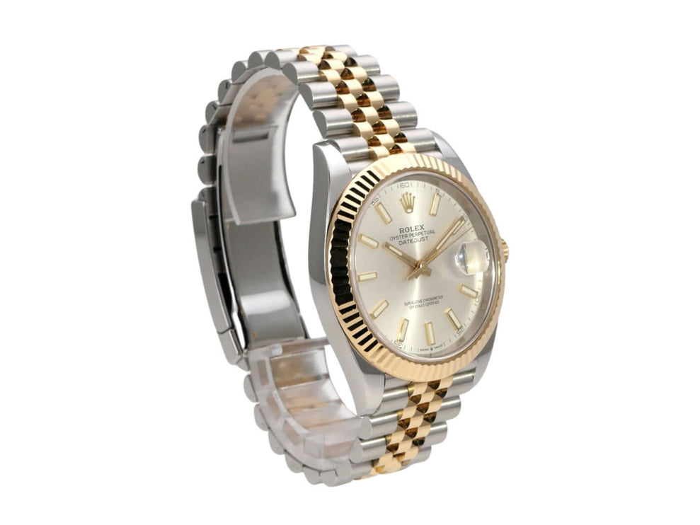 Rolex Datejust 41 Edelstahl Gelbgold 126333 Silber Jubile-Band mit polierter Lünette und Jubile-Armband.