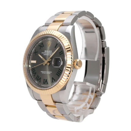 Rolex Datejust 41 Edelstahl Gelbgold 126333 Slate – elegante Uhr mit schiefergrauem Zifferblatt und römischen Ziffern.