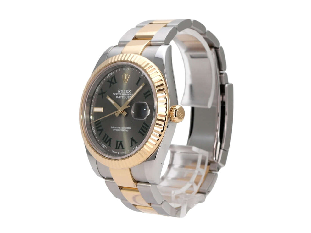 Rolex Datejust 41 Edelstahl Gelbgold 126333 Slate – elegante Uhr mit schiefergrauem Zifferblatt und römischen Ziffern.