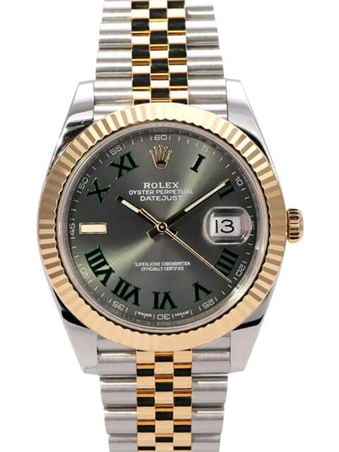 Rolex Datejust 41 Edelstahl Gelbgold 126333 Slate Jubile-Band mit schiefergrauem Zifferblatt und geriffelter Lünette.