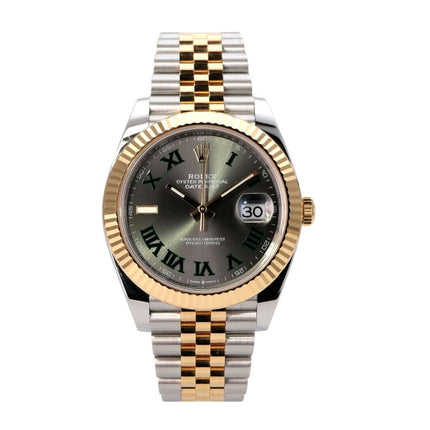 Rolex Datejust 41 Edelstahl Gelbgold 126333 Slate Jubile-Band mit schlammgrauem Zifferblatt und römischen Ziffern.