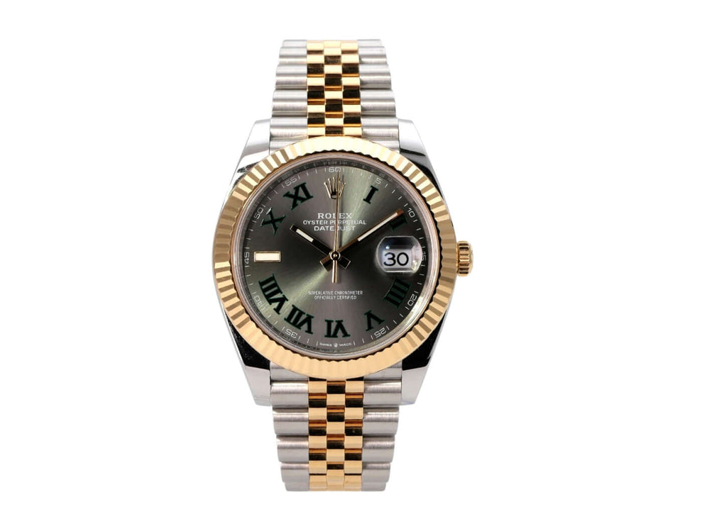 Rolex Datejust 41 Edelstahl Gelbgold 126333 Slate Jubile-Band mit schlammgrauem Zifferblatt und römischen Ziffern.