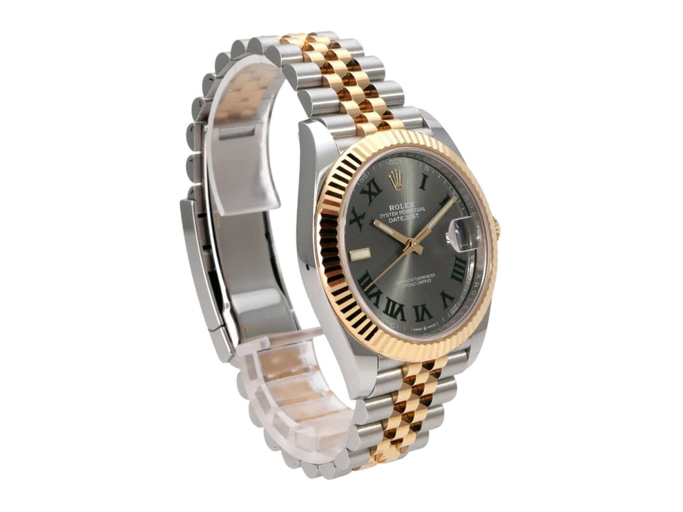 Rolex Datejust 41 Edelstahl Gelbgold 126333 Slate Jubile-Band mit schiefergrauem Zifferblatt und 18 kt Gelbgold Lünette.