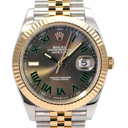 Rolex Datejust 41 Edelstahl Gelbgold 126333 Slate Jubile-Band mit schiefergrauem Zifferblatt und römischen Ziffern.