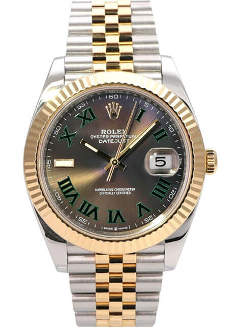 Rolex Datejust 41 Edelstahl Gelbgold 126333 Slate Jubile-Band mit schiefergrauem Zifferblatt und römischen Ziffern.