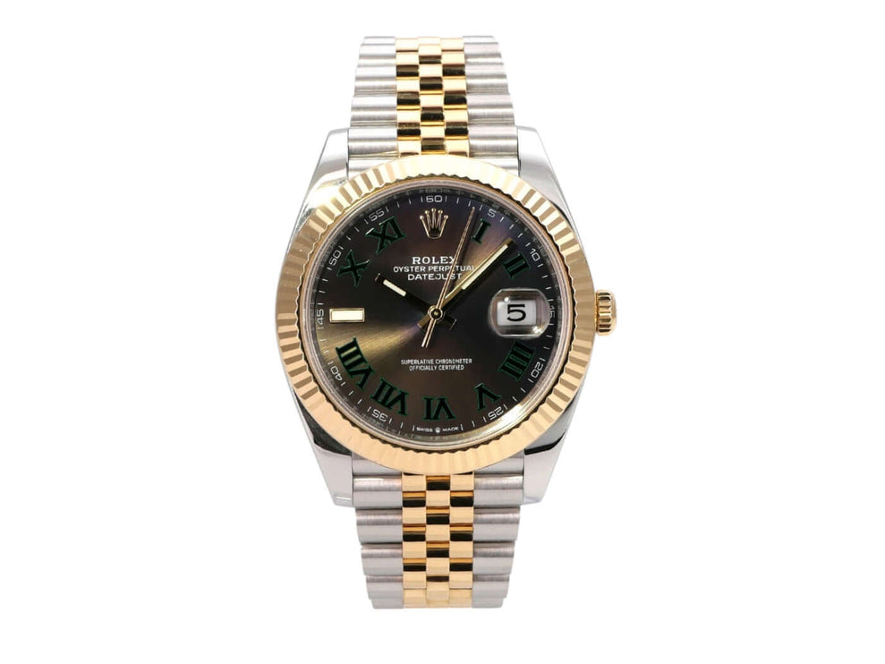 Rolex Datejust 41 Edelstahl Gelbgold 126333 Slate Jubile-Band mit schiefergrauem Zifferblatt und römischen Ziffern.