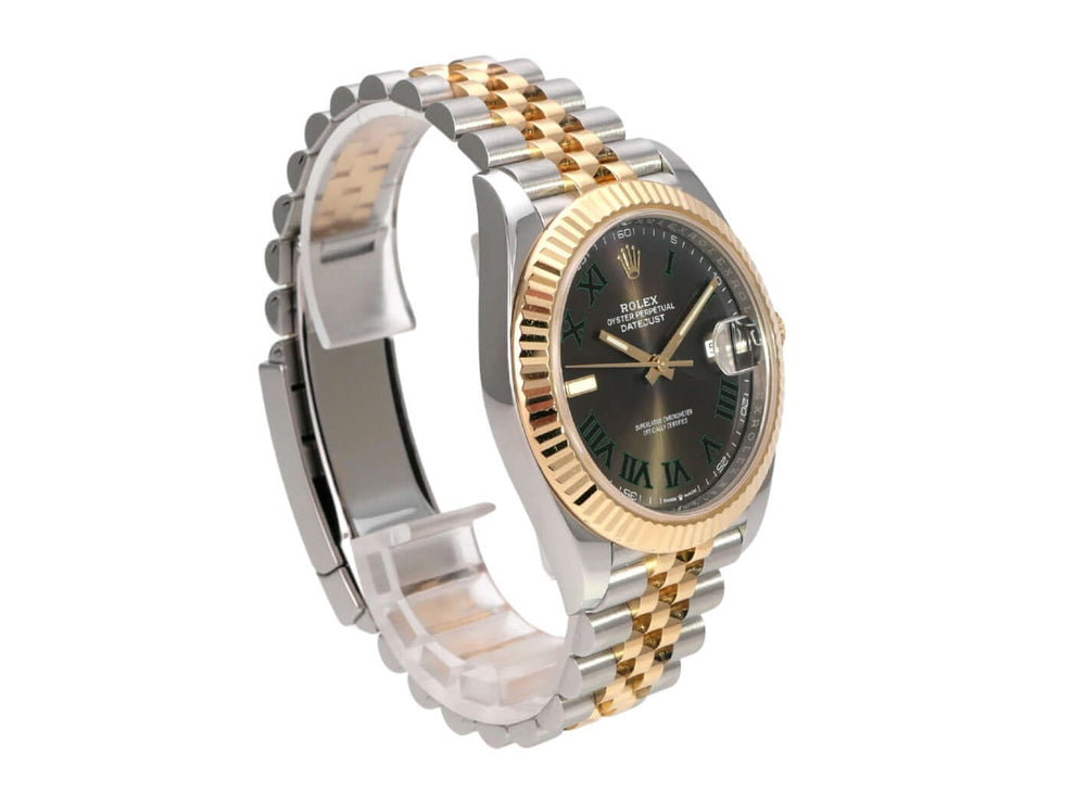 Rolex Datejust 41 Edelstahl Gelbgold 126333 Slate Jubile-Band mit schiefergrauem Zifferblatt und geriffelter Lünette.