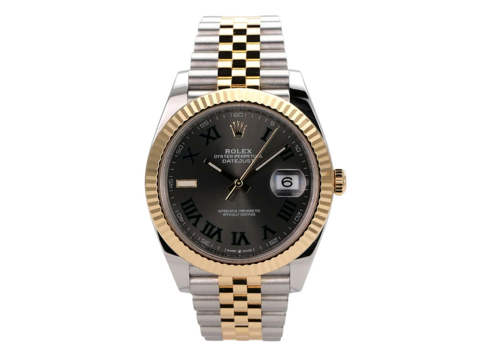 Rolex Datejust 41 Edelstahl Gelbgold 126333 Slate Jubile-Band mit schwarzem Zifferblatt und Jubilé-Armband.