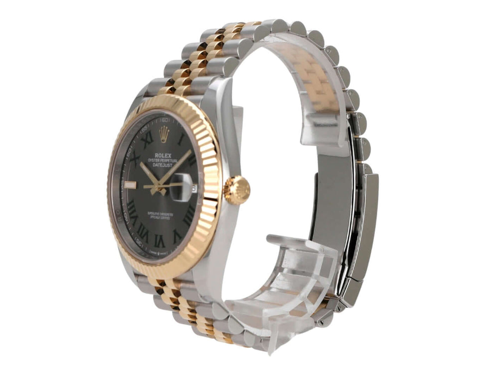 Rolex Datejust 41 Edelstahl Gelbgold 126333 Slate Jubile-Band von der Seite mit Schiefergrauem Zifferblatt und Jubile-Armband