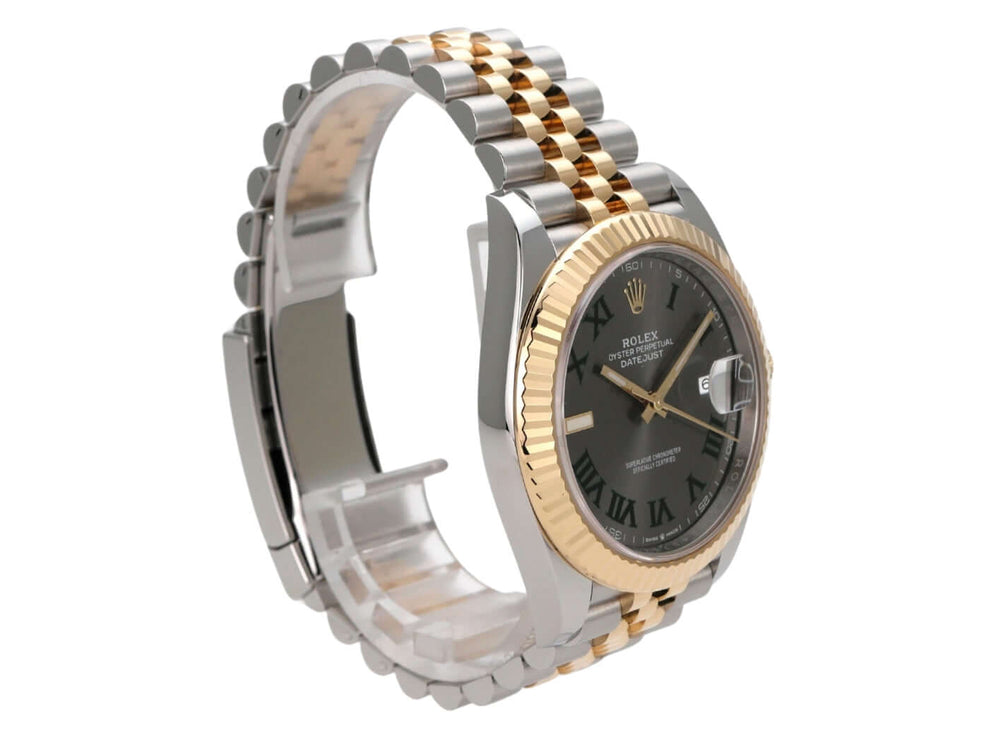 Rolex Datejust 41 Edelstahl Gelbgold 126333 Slate Jubile-Band in elegantem Design mit römischen Ziffern und geriffelter Lünette.