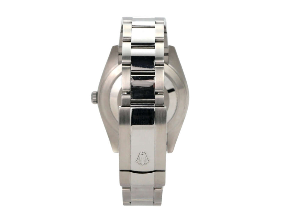 Rolex Datejust 41 Edelstahl Weißgold 126334 Blau Rückansicht mit Edelstahlband und Rolex-Logo.