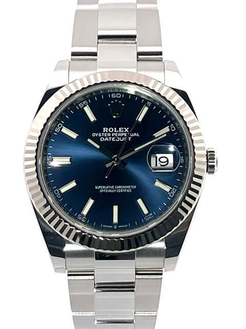 Rolex Datejust 41 Edelstahl Weißgold 126334 Blau 2022 mit blauem Zifferblatt, 41 mm Gehäuse, Edelstahl-Oysterband, 18 kt Weißgold Lünette.