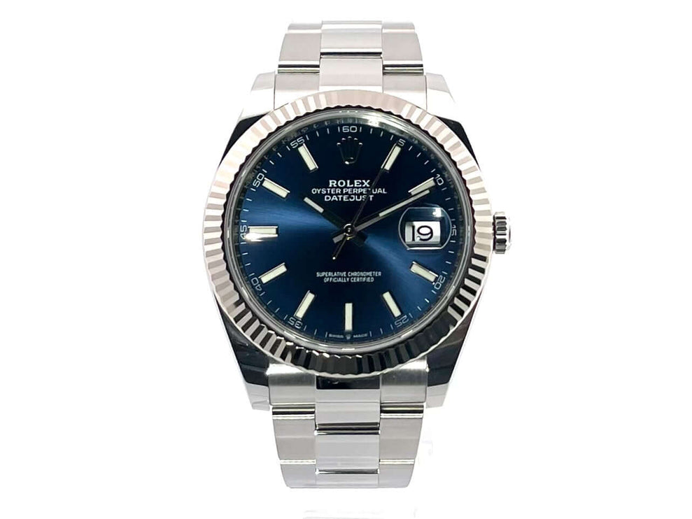 Rolex Datejust 41 Edelstahl Weißgold 126334 Blau mit 41 mm Gehäuse, blauem Zifferblatt und Oyster Edelstahlband. Aus 2022, Automatikwerk.