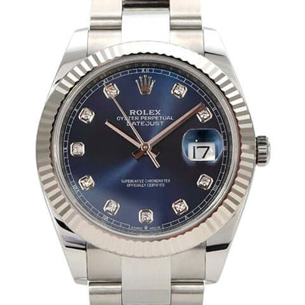 Rolex Datejust 41 Edelstahl Weißgold 126334 mit blauem Diamantzifferblatt und Automatikwerk.