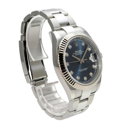Rolex Datejust 41 Edelstahl Weißgold 126334 Blau Diamant, Edelstahl-Weißgold-Armbanduhr mit blauem Diamantzifferblatt.