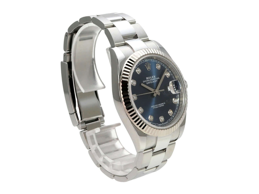 Rolex Datejust 41 Edelstahl Weißgold 126334 Blau Diamant, Edelstahl-Weißgold-Armbanduhr mit blauem Diamantzifferblatt.