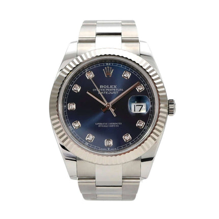 Rolex Datejust 41 Edelstahl Weißgold 126334 mit blauem Diamantzifferblatt und Datumsanzeige.