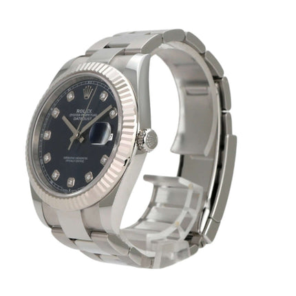 Rolex Datejust 41 Edelstahl Weißgold 126334 mit blauem Diamantzifferblatt und 18kt Weißgold Lünette.