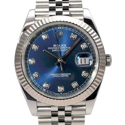 Rolex Datejust 41 Edelstahl Weißgold 126334 Blau Dia Jubile-Band mit blauem Diamantzifferblatt und Jubile-Band.