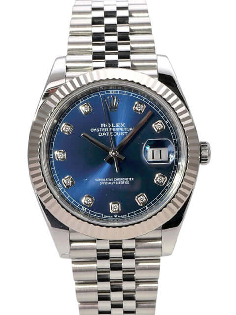 Rolex Datejust 41 Edelstahl Weißgold 126334 Blau Dia Jubile-Band mit blauem Diamantzifferblatt und Jubile-Band.