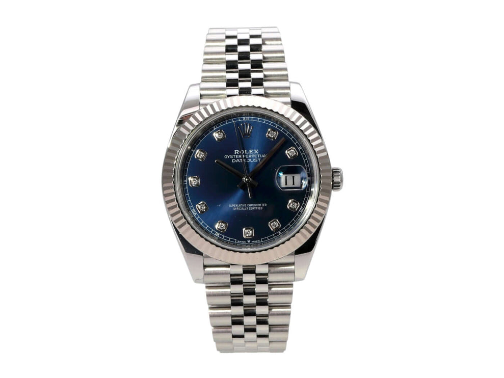 Rolex Datejust 41 Edelstahl Weißgold 126334 Blau Dia Jubile-Band mit blauen Diamantzifferblatt und Jubile-Band.