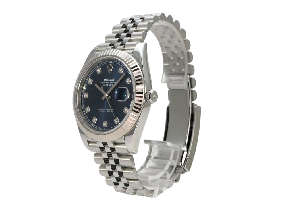 Rolex Datejust 41 Edelstahl Weißgold 126334 Blau Dia Jubile-Band seitlich mit blauem Zifferblatt und Diamanten