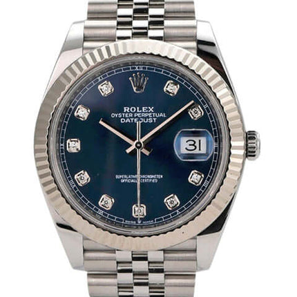 Rolex Datejust 41 Edelstahl Weißgold 126334 mit blauem Diamantzifferblatt und Jubile-Band, 2021.