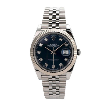 Rolex Datejust 41 Edelstahl Weißgold 126334 mit blauem Zifferblatt und Diamanten auf Jubile-Band, Automatikwerk, 2021.