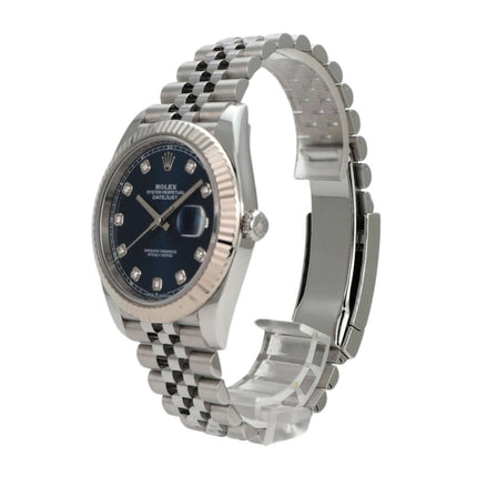 Rolex Datejust 41 Edelstahl Weißgold 126334 mit blauem Diamantzifferblatt und Jubile-Band