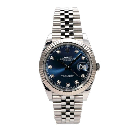 Rolex Datejust 41 Edelstahl Weißgold 126334 Blau Dia Jubile-Band mit poliertem Edelstahl und blauem Diamantzifferblatt