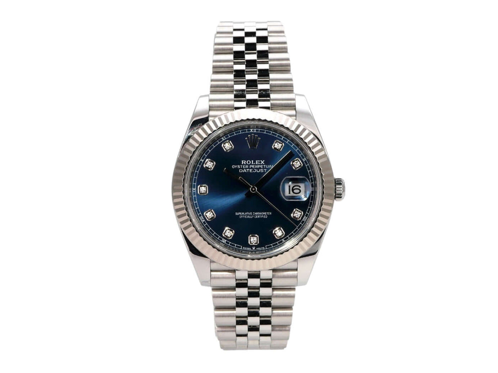 Rolex Datejust 41 Edelstahl Weißgold 126334 Blau Dia Jubile-Band mit poliertem Edelstahl und blauem Diamantzifferblatt