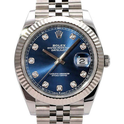 Rolex Datejust 41 Edelstahl Weißgold 126334 Blau Dia Jubile-Band, blaue Diamantzifferblatt mit Jubile-Edelstahlband.