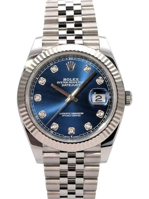 Rolex Datejust 41 Edelstahl Weißgold 126334 Blau Dia Jubile-Band, blaue Diamantzifferblatt mit Jubile-Edelstahlband.
