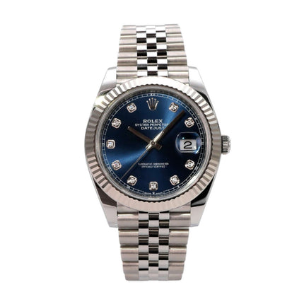 Rolex Datejust 41 Edelstahl Weißgold 126334 Blau Dia Jubile-Band mit blauem Zifferblatt und Diamanten.