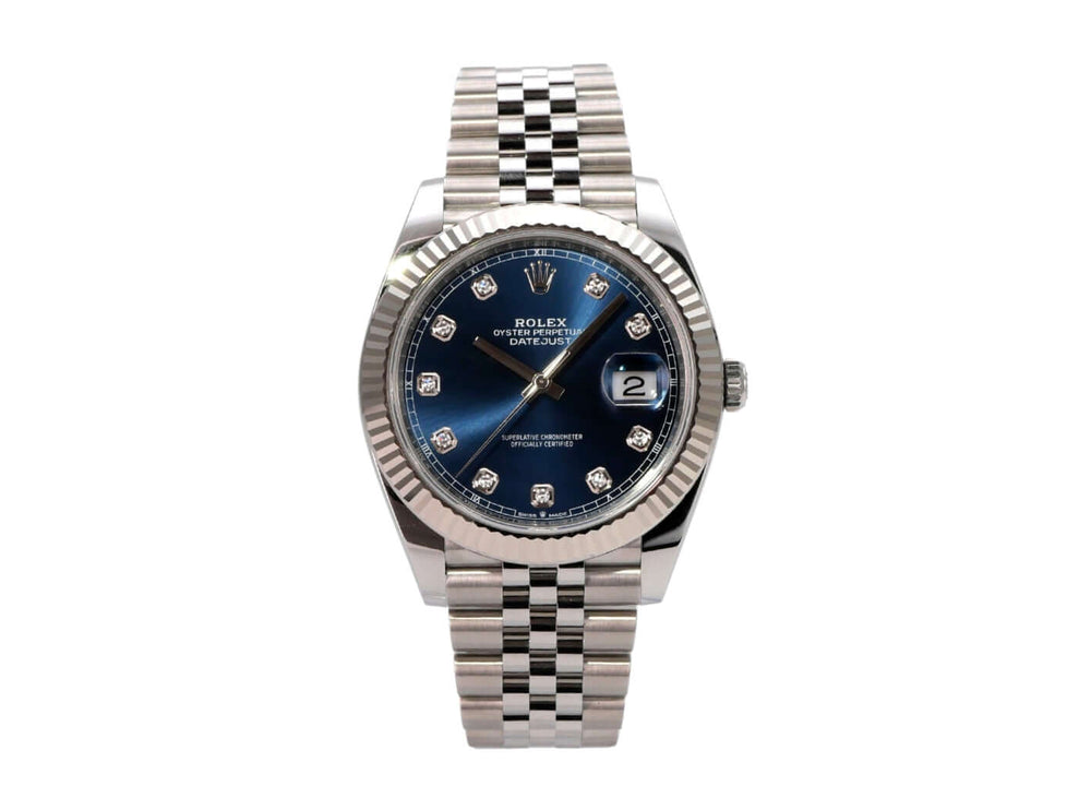 Rolex Datejust 41 Edelstahl Weißgold 126334 Blau Dia Jubile-Band mit blauem Zifferblatt und Diamanten.