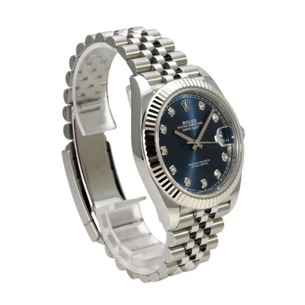 Rolex Datejust 41 Edelstahl Weißgold 126334 Blau Dia Jubile-Band aus Edelstahl und Weißgold mit blauem Zifferblatt.