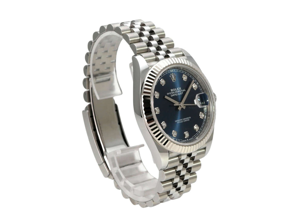 Rolex Datejust 41 Edelstahl Weißgold 126334 Blau Dia Jubile-Band aus Edelstahl und Weißgold mit blauem Zifferblatt.