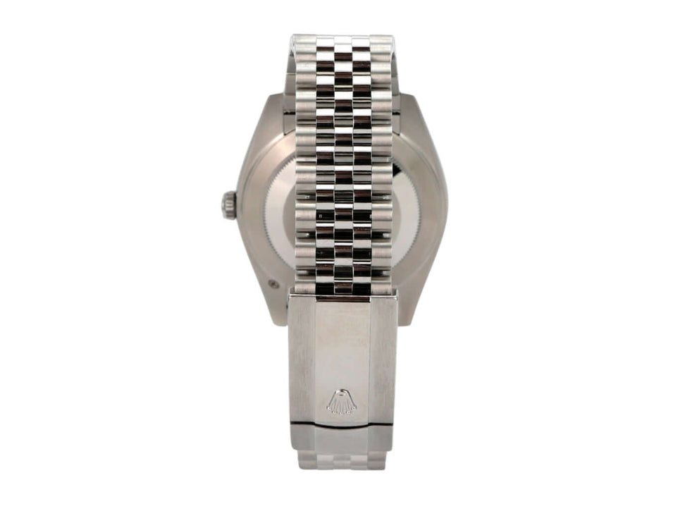 Rolex Datejust 41 Edelstahl Weißgold 126334 Blau Dia Jubile-Band Rückansicht mit Jubile-Edelstahlband.