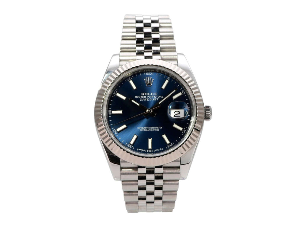 Rolex Datejust 41 Edelstahl Weißgold 126334 Blau Jubile-Band, elegante Luxusuhr mit blauem Zifferblatt