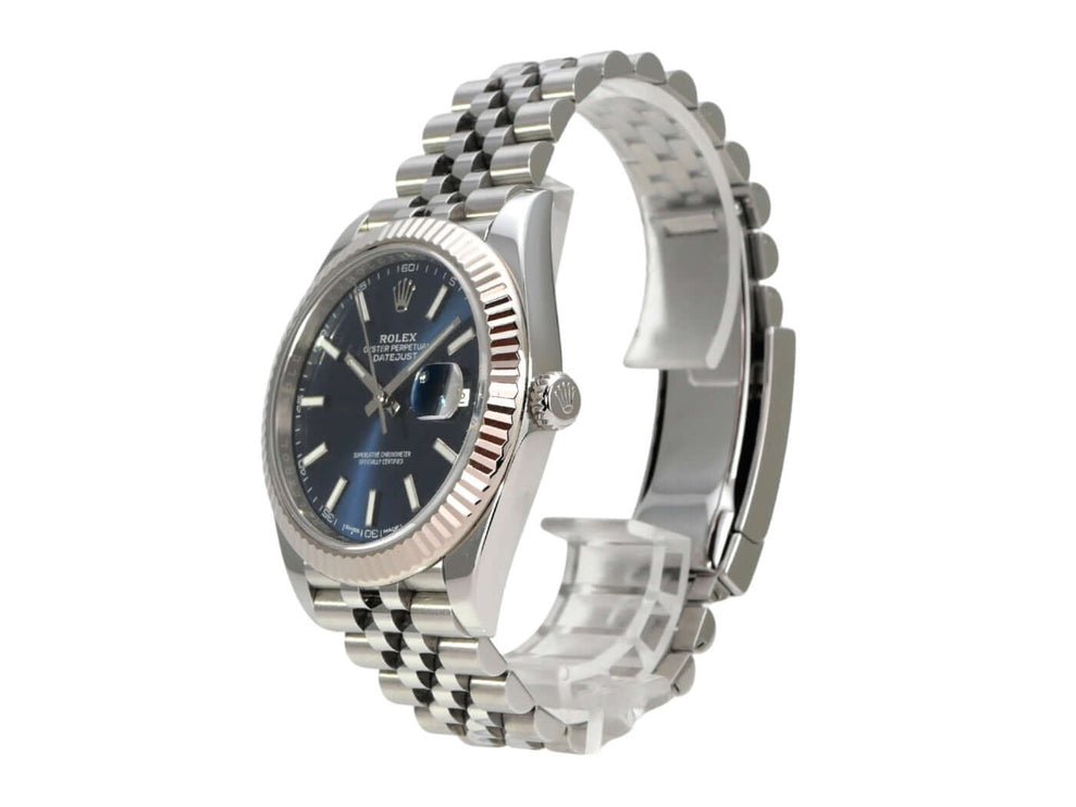 Rolex Datejust 41 Edelstahl Weißgold 126334 Blau Jubile-Band, blaue Zifferblattansicht