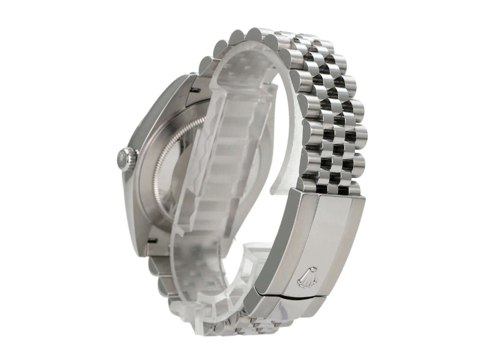 Rolex Datejust 41 Edelstahl Weißgold 126334 Blau Jubile-Band von der Seite mit jubilee Armband.