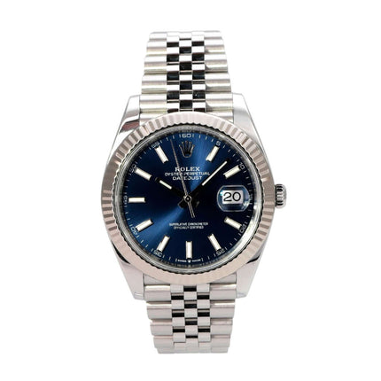 Rolex Datejust 41 Edelstahl Weißgold 126334 Blau Jubile-Band mit blauem Zifferblatt und 18 kt Weißgold Indizes.