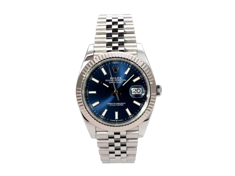 Rolex Datejust 41 Edelstahl Weißgold 126334 Blau Jubile-Band mit blauem Zifferblatt und 18 kt Weißgold Indizes.