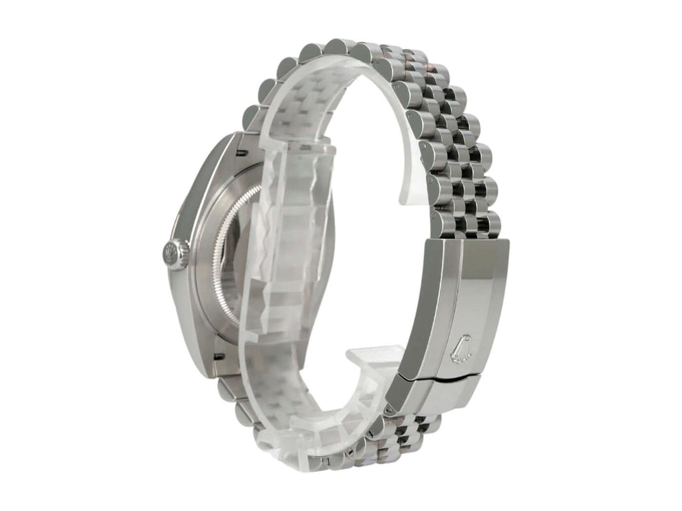 Rolex Datejust 41 Edelstahl Weißgold 126334 Blau Jubile-Band seitliche Ansicht mit poliertem Edelstahlarmband.